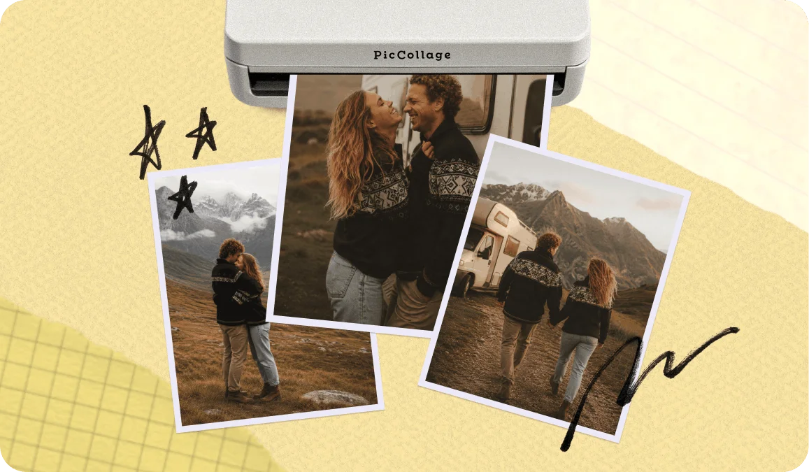 Printed photographs at 4ร6, 5ร7, and 8ร10 sizes arranged on a wooden table